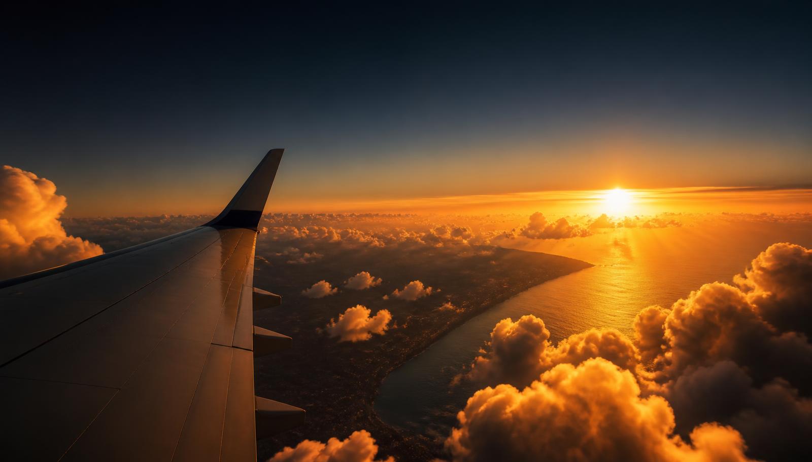 View of an aircraft wing above golden sunset clouds