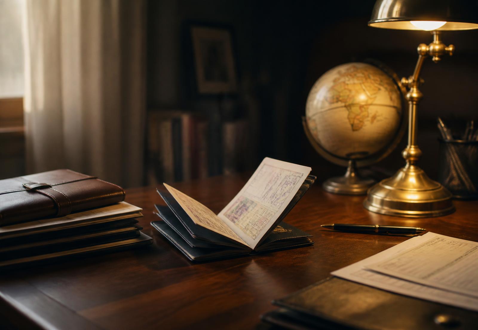 An immigration consultation desk with an open passport, travel documents and a brass desk lamp — Bhawani Enterprises visa consultancy