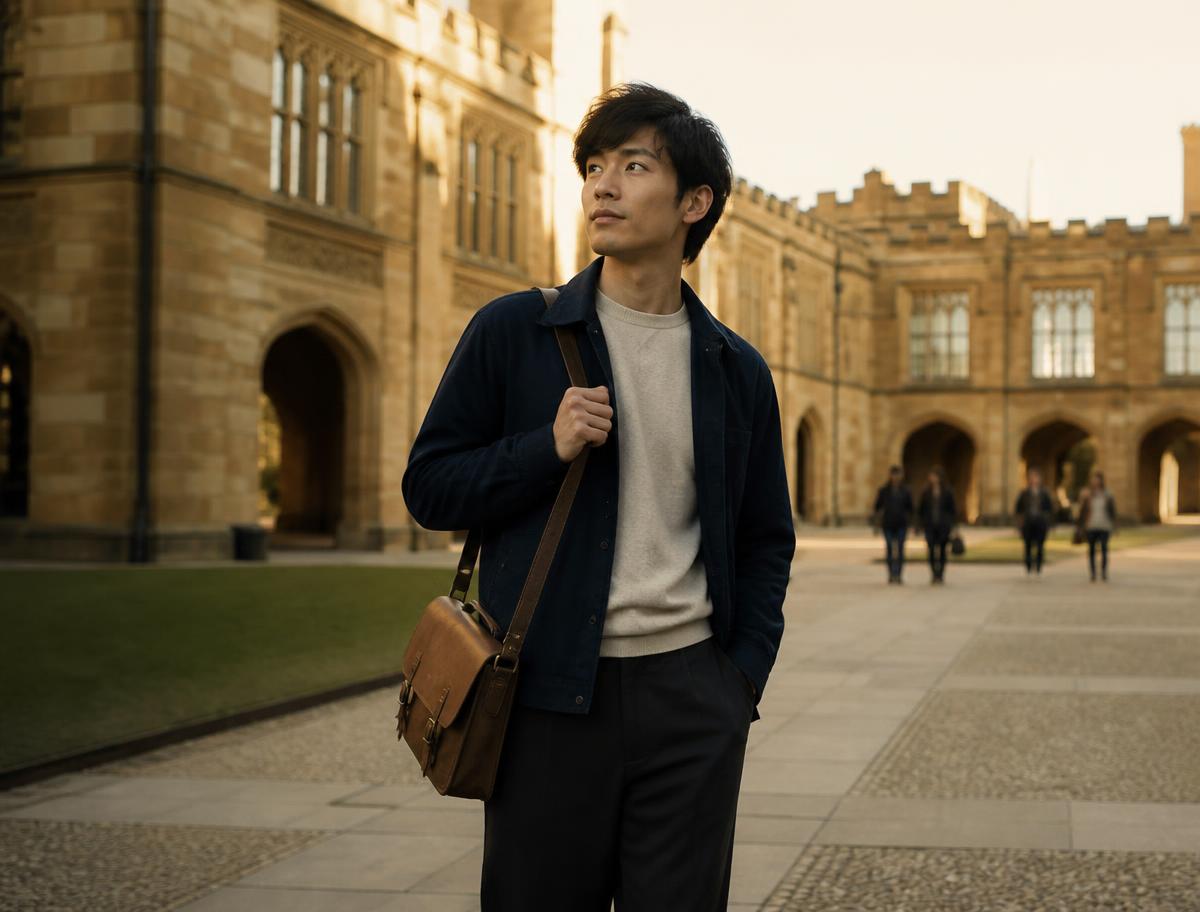 A student walking through a historic university courtyard at golden hour